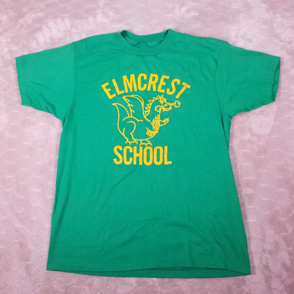 VTG Green Single Stitch Shirt Elmcrest School Random Interesting‎ Sz M/L